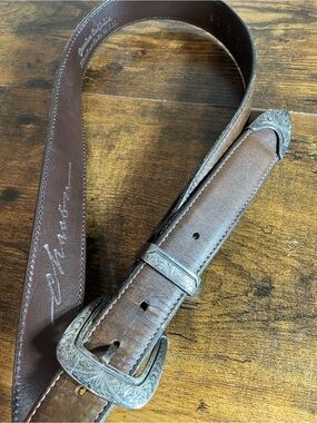 Brown Leather Men's Belt with Ornate Silver Buckle sterling size 32